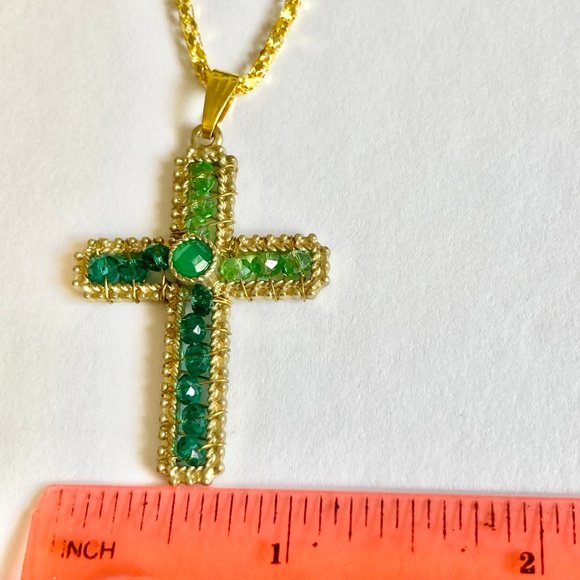 Vintage Gold Bead Cross Pendant Necklace Green Hand Beaded Plated 22" Christian - Picture 10 of 11